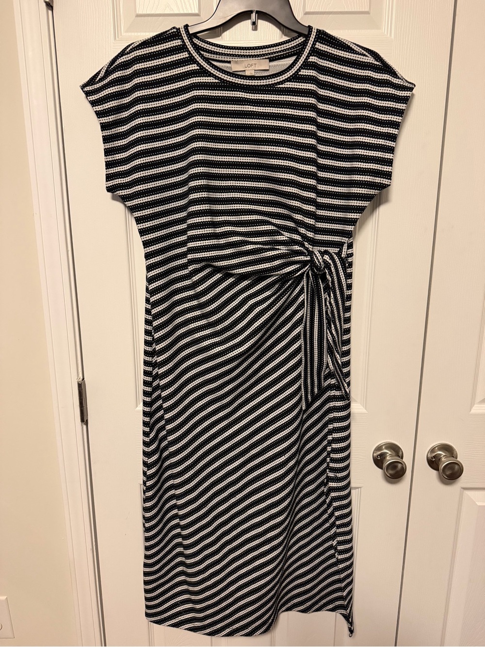 LOFT Black White Striped Tie Waist Midi Dress Short Sleeve Casual Large